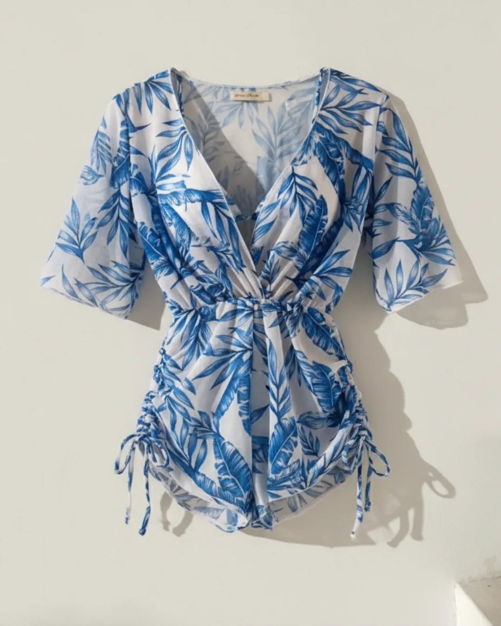 Conjunto Praia Feminino 3 Peças com Estampa Folhagem Azul
