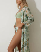 Biquíni Feminino Verde 3 Peças com Saída de Praia Kimono